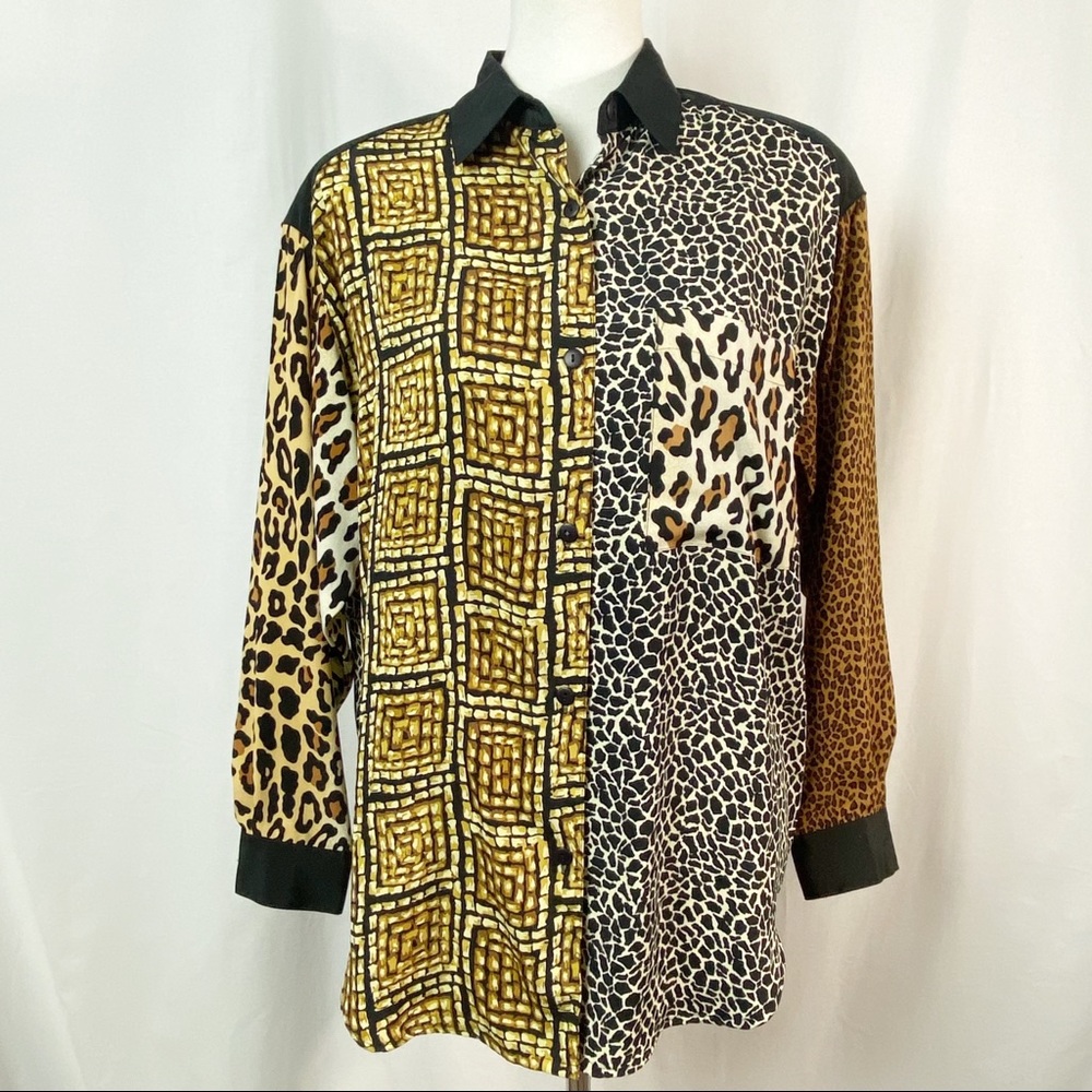 Vintage Animal Print Color Blocked Button Up Top Med